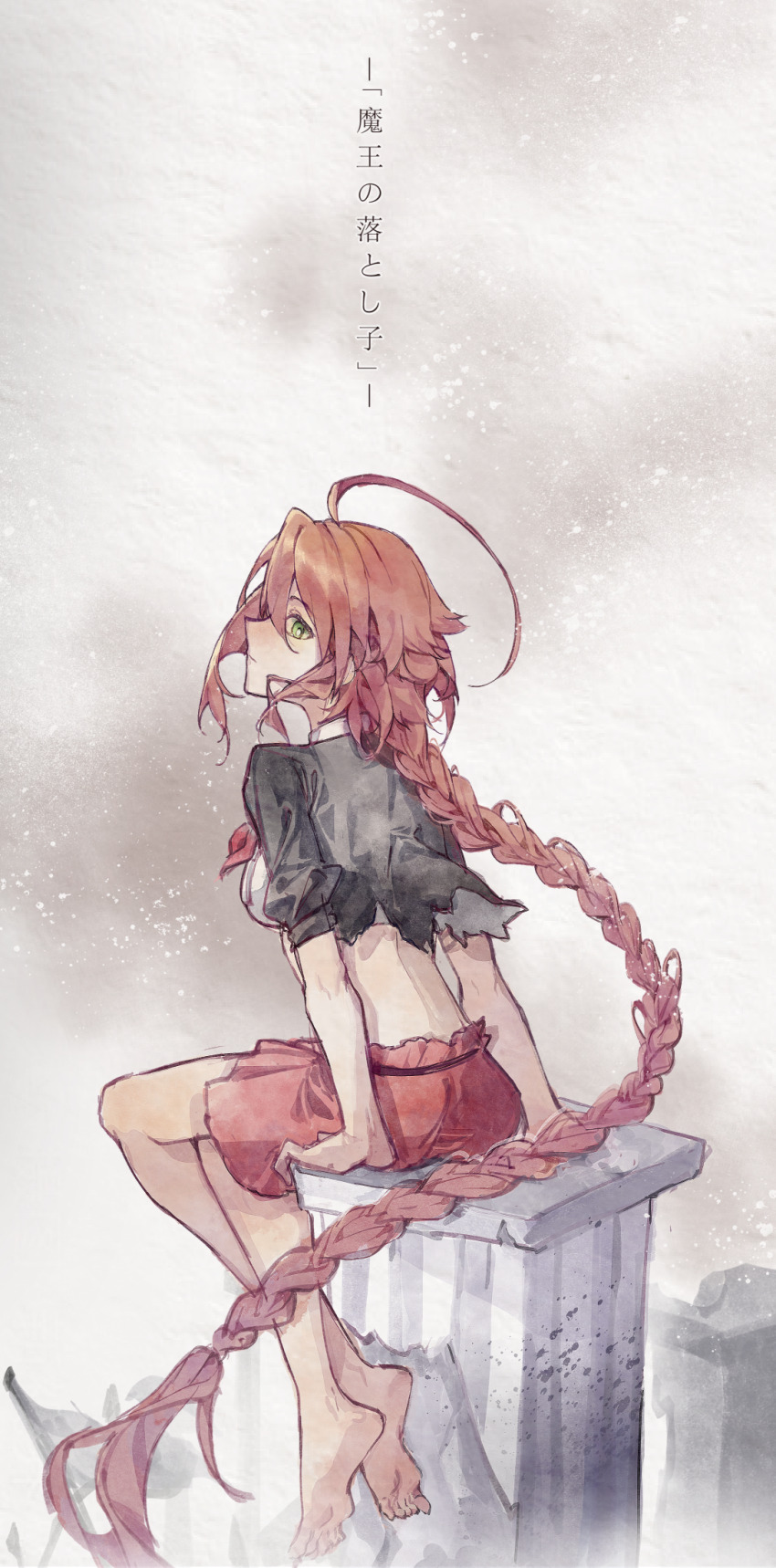 1girl, ahoge, barefoot, braid, breasts, closed_mouth, commentary_request, full_body