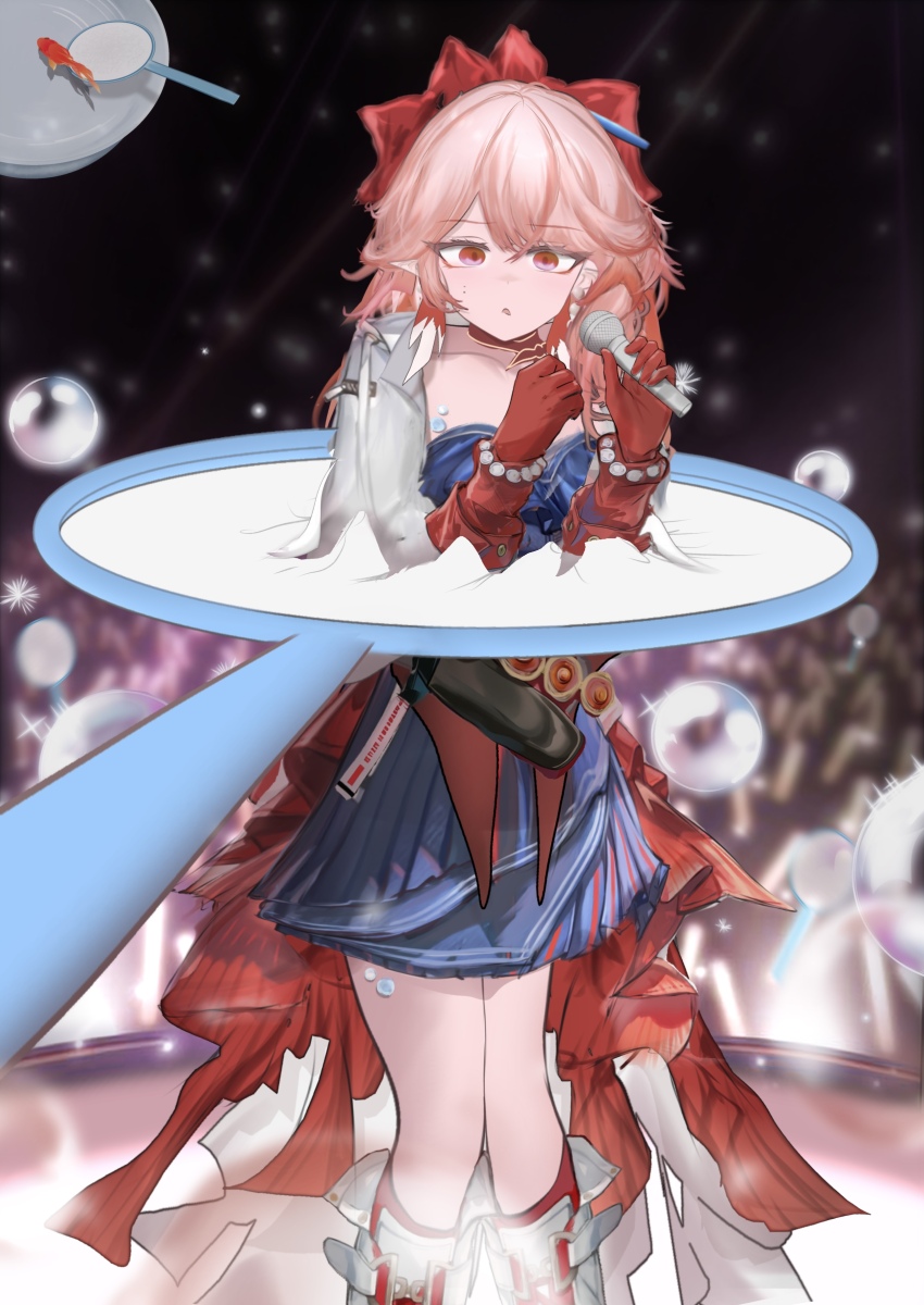 1girl, absurdres, arknights, bead_bracelet, beads, blue_dress, bracelet, commentary, dress, earrings, english_commentary, feet_out_of_frame, fish, gloves, glowstick, goldfish, goldfish_scooping, hair_between_eyes, haruka_(arknights), highres, holding, holding_microphone, jewelry, long_hair, long_sleeves, looking_at_viewer, mebe_(teadia_violet), microphone, mole, mole_on_cheek, open_mouth, pink_hair, pointy_ears, red_eyes, red_gloves, standing