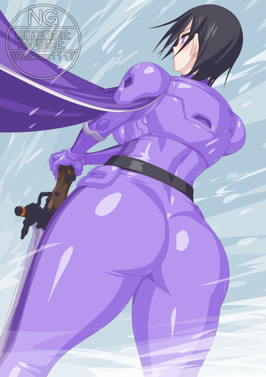 1girl, armored_bodysuit, bodysuit, heterochromia, holding, holding_sword, holding_weapon, kanisuka_rita