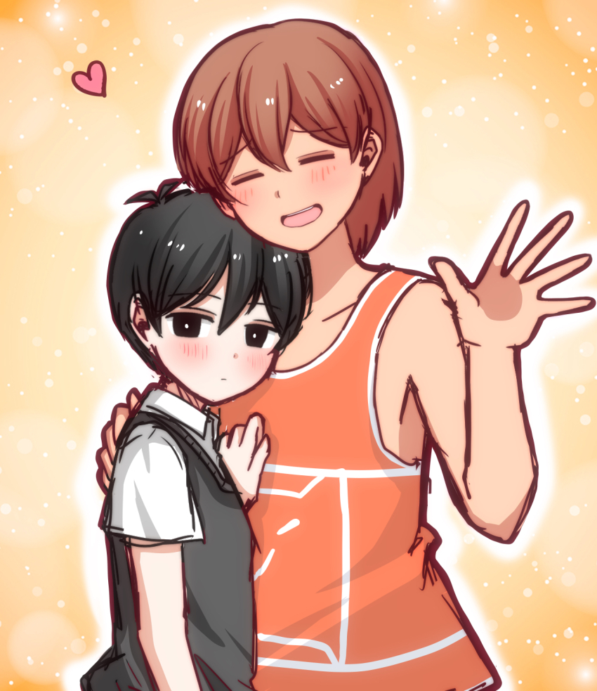 2boys, antenna_hair, black_eyes, black_hair, black_sweater_vest, blush, bright_pupils, brown_hair