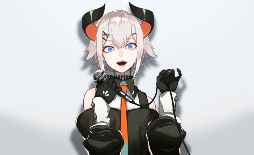 1girl, black_gloves, blonde_hair, blue_eyes, choker, gloves, grey_background, grey_hair