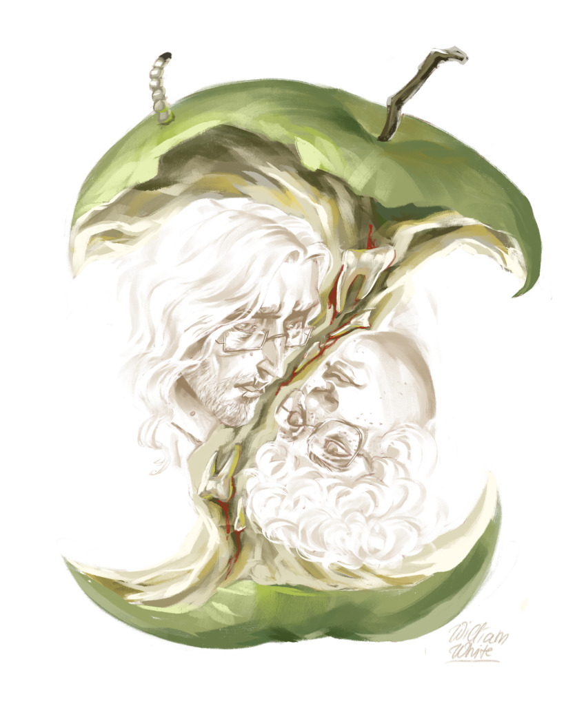 2boys, apple, apple_core, appletrend, aquiline_nose, beard, blood, commentary