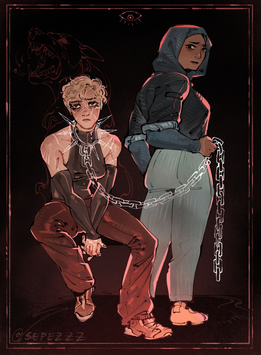 2girls, alice_tonner, basira_hussain, blonde_hair, breasts, chain, chain_leash, collar, commentary, dark-skinned_female, dark_skin, design_speculation, english_commentary, freckles, highres, hijab, holding, holding_leash, leash, lips, long_sleeves, multiple_girls, sepezzz, shirt, shoes, short_hair, sitting, spiked_collar, spikes, the_magnus_archives, tomboy, yuri