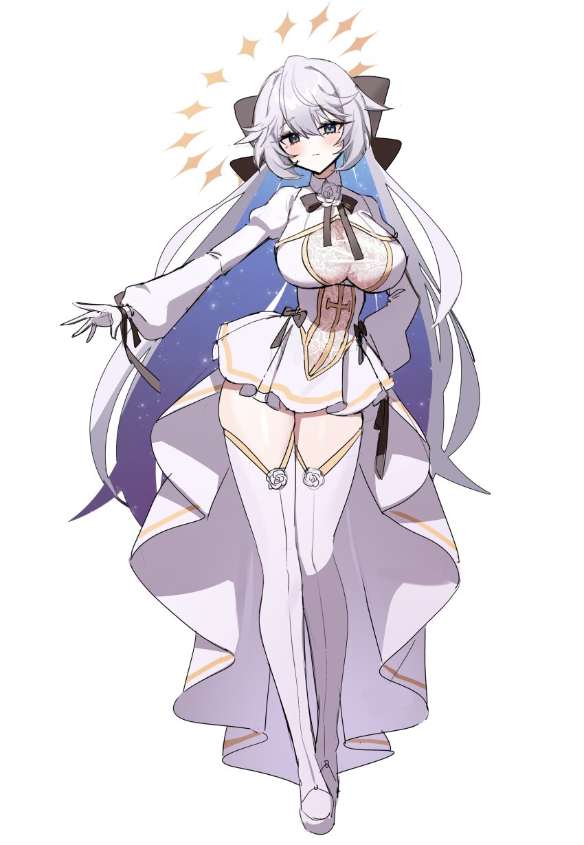 absurdres, black_ribbon, blush, boots, breasts, chest_ribbon, cleavage, commentary