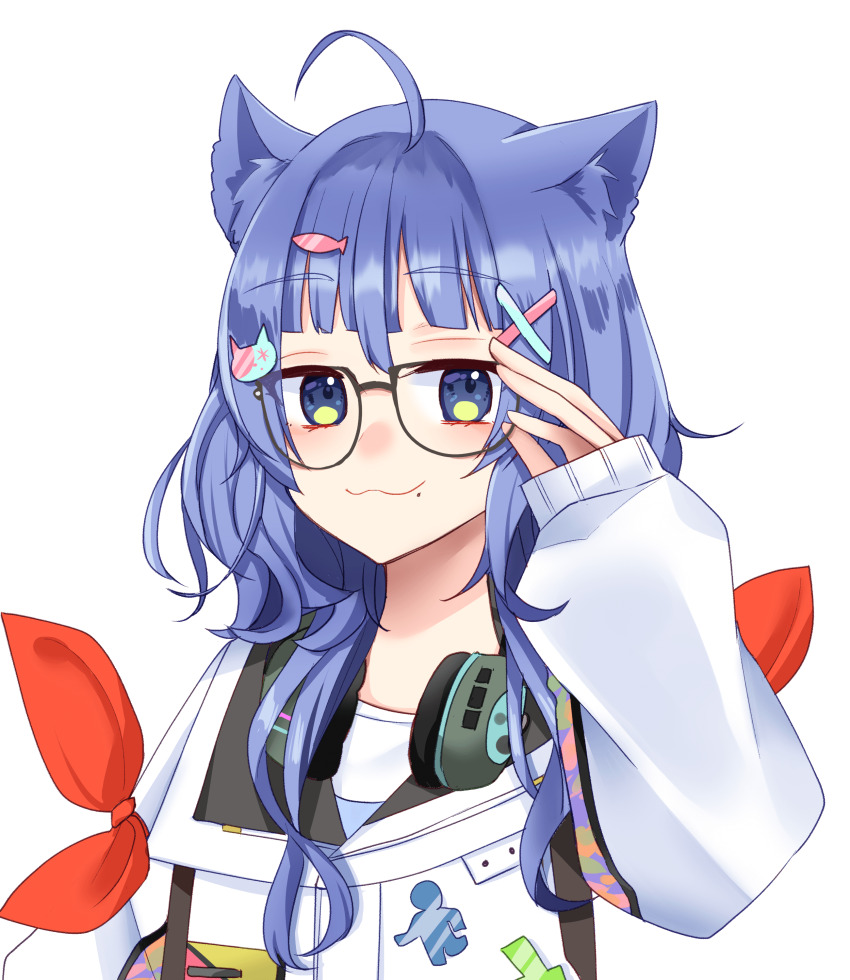 :3, absurdres, adjusting_eyewear, ahoge, animal_ears, blue_eyes, blue_hair, cat_ears