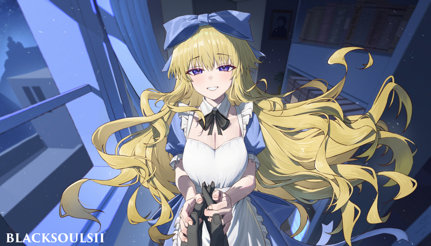 1boy, 1girl, absurdres, alice_(black_souls), apron, bfs1557897975, black_bow, black_bowtie