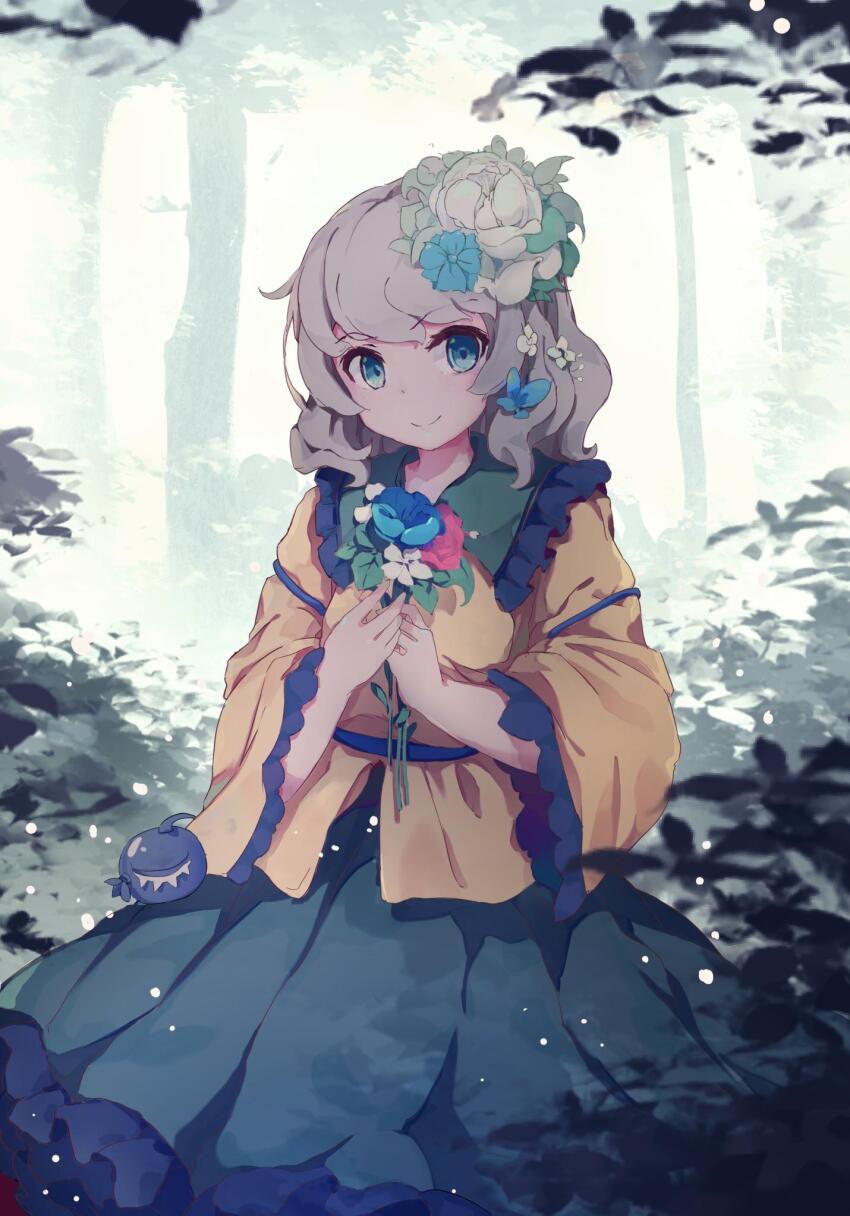 1girl, blue_flow, blue_flower, bouquet, closed_mouth, commentary, contrast_collar, coria