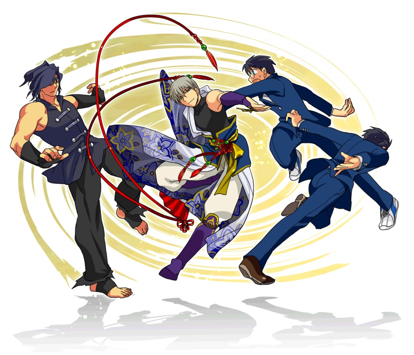 00s, 4boys, action, akariya_kuubu, bare_shoulders, black_hair, blue_eyes, feet