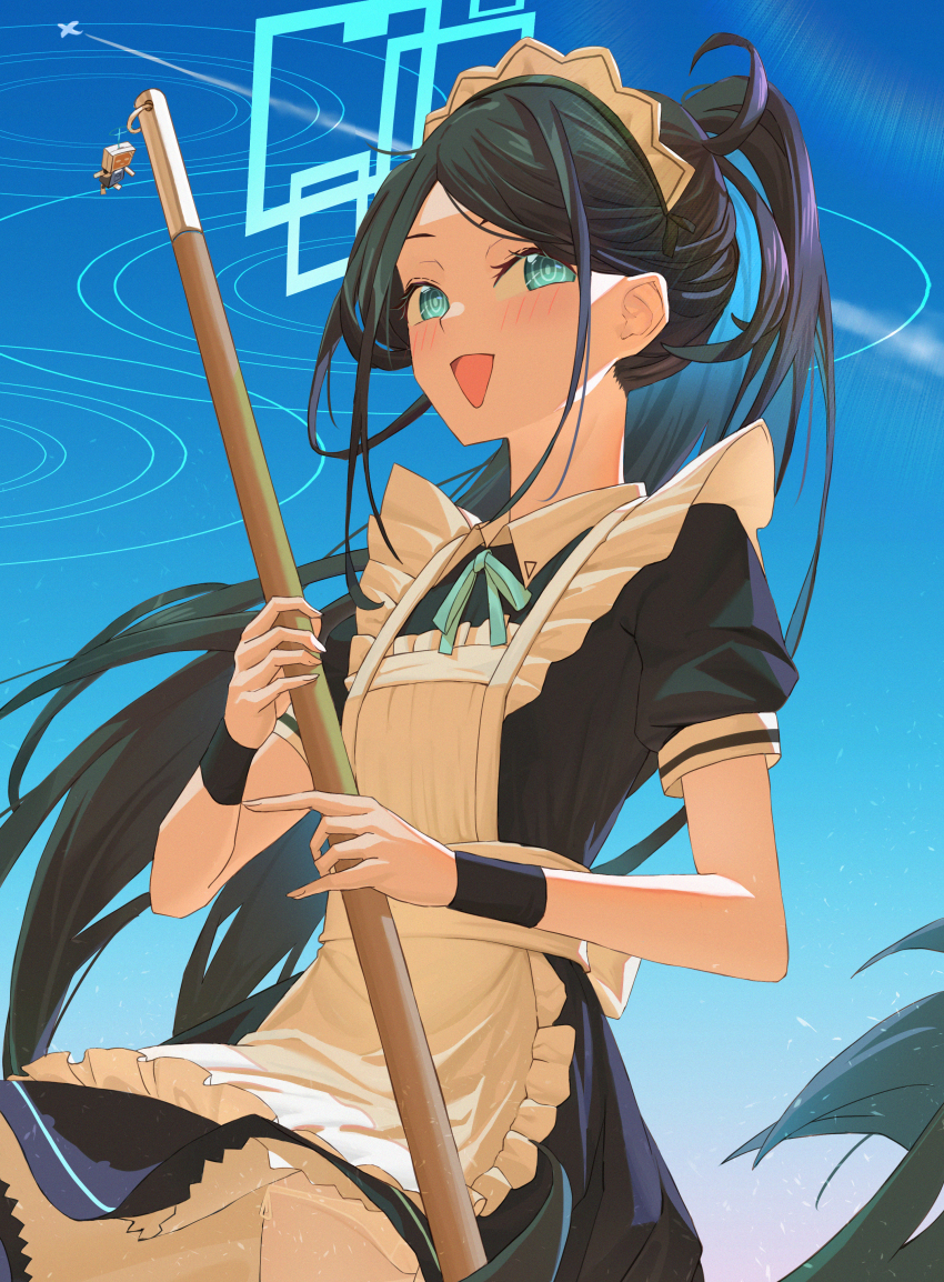 1girl, :d, absurdres, apron, aqua_eyes, aris_(blue_archive), aris_(maid)_(blue_archive), backlighting