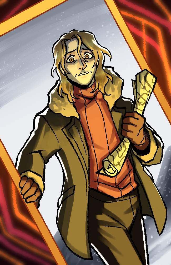 1boy, bags_under_eyes, blonde_hair, capesch-arts, coat, design_speculation, doorway, long_hair