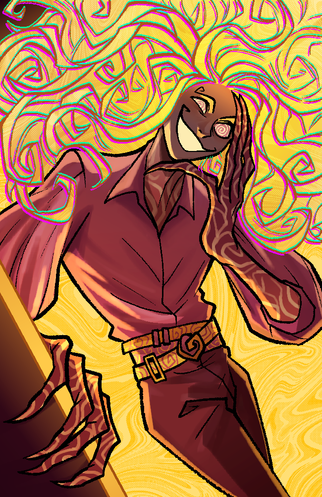 1boy, @_@, backlighting, belt, blonde_hair, body_markings, capesch-arts, curly_eyebrows, curly_hair, design_speculation, distortion_(tma), grin, long_fingers, long_hair, male_focus, michael_shelley, monster_boy, multiple_belts, pants, psychedelic, shirt, smile, the_magnus_archives