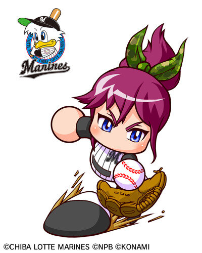 1girl, artist_request, ball, baseball_(object), baseball_glove, baseball_uniform, belt, black_belt, black_shirt, black_shoes, blue_eyes, bow, camouflage_bow, chiba_lotte_marines, copyright_notice, floating_hair, green_bow, hair_bow, high_ponytail, hikami_satori, jikkyou_powerful_pro_yakyuu, jikkyou_powerful_pro_yakyuu_(style), logo, lowres, mar-kun_(chiba_lotte_marines), mascot, multicolored_shirt, multicolored_shoes, nippon_professional_baseball, no_mouth, official_art, playing_sports, ponytail, power_pro_appli, print_shirt, purple_hair, rayman_limbs, shirt, shoes, sportswear, white_background, white_shirt, white_shoes