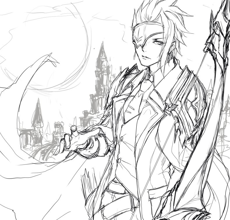 1boy, armor, bow_(weapon), buttons, coat, eye_mask, greyscale, grimms_notes