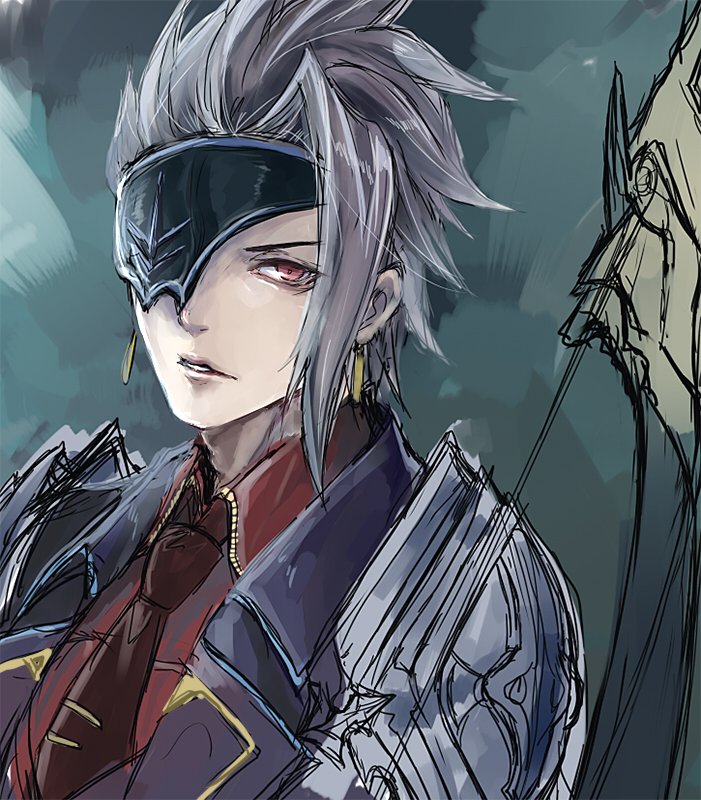 1boy, armor, earrings, eye_mask, grey_hair, grimms_notes, jewelry, looking_at_viewer
