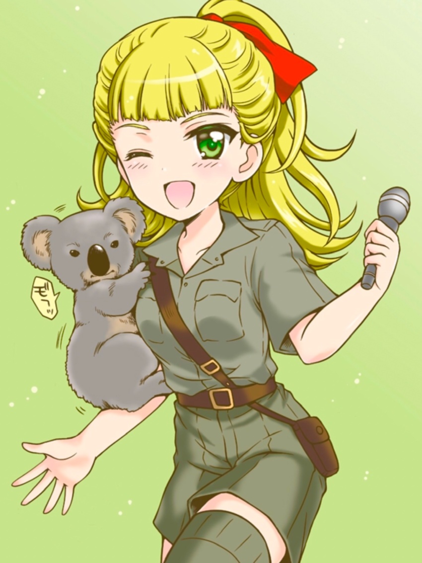 1girl, belt, blonde_hair, brown_belt, commentary_request, feet_out_of_frame, girls_und_panzer, green_background