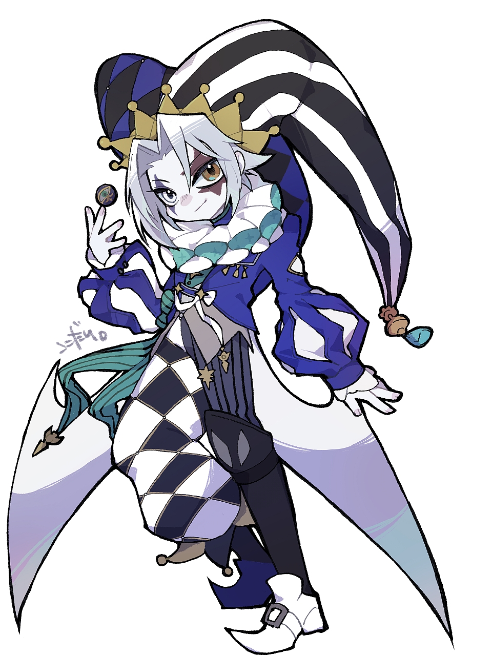 1boy, clown_crew_biancaviso, colored_skin, duel_monster, facial_mark, full_body, harlequin, hat