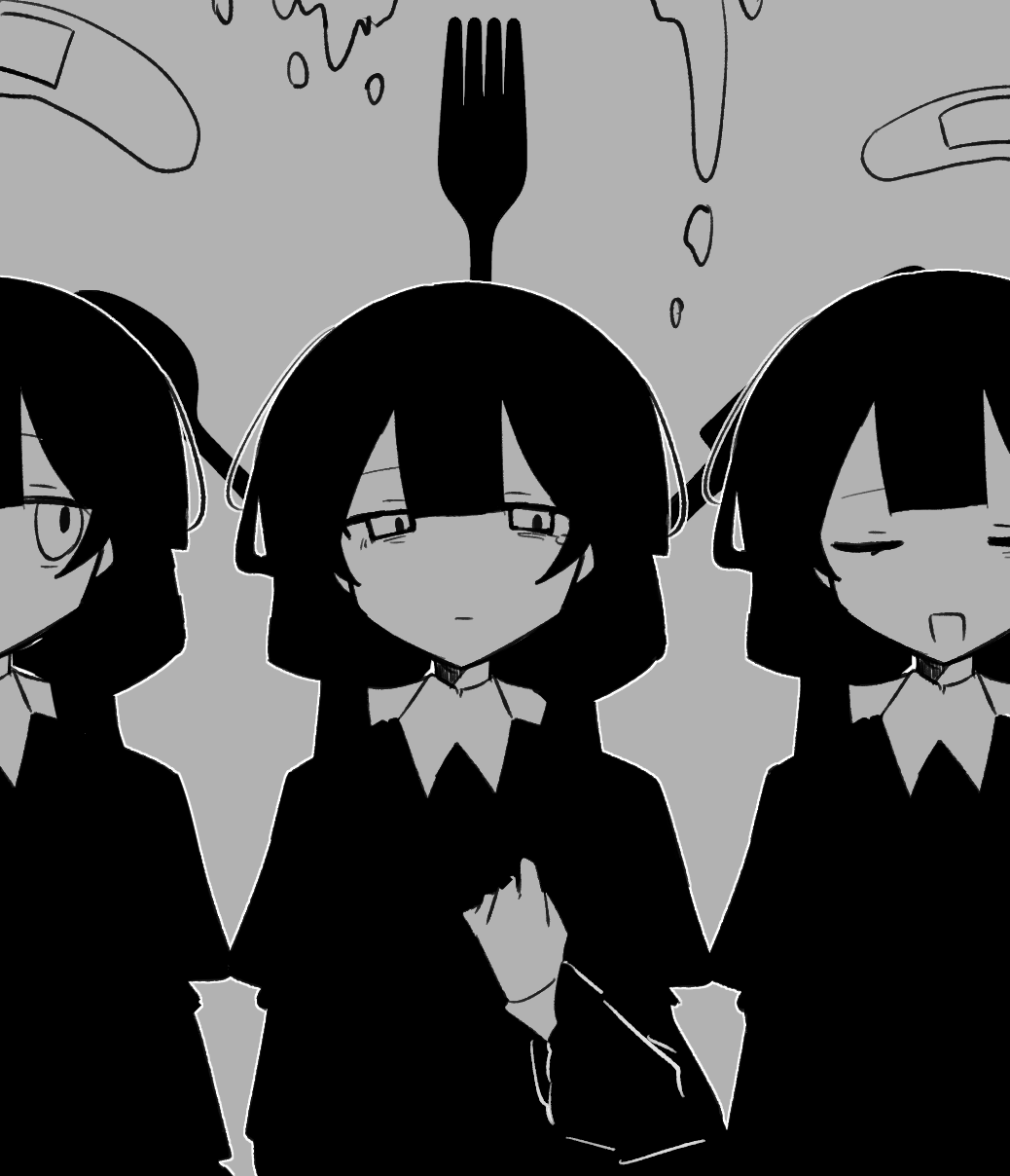 3girls, bandaid, blunt_bangs, clone, closed_eyes, collared_dress, commentary_request, dress, fork, greyscale, half-closed_eyes, hand_on_own_chest, highres, inabakumori, juliet_sleeves, kurage_mi404, long_hair, long_sleeves, looking_at_viewer, low_twintails, monochrome, multiple_girls, osage_(nukunuku_nigirimeshi), puffy_sleeves, simple_background, smile, spot_late_(vocaloid), tearing_up, twintails, upper_body