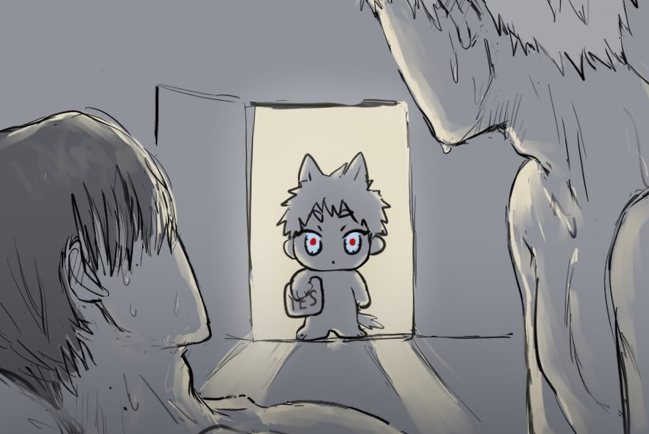 3boys, adam's_apple, boy_on_top, caught, deformed, dual_persona, greyscale, hikaru_ga_shinda_natsu, implied_sex, indou_hikaru, indou_hikaru_(human), looking_to_the_side, male_focus, mole, mole_on_neck, mole_under_eye, monochrome, multiple_boys, multiple_moles, nude, open_door, red_eyes, shima_changa, short_hair, standing, sweat, tsujinaka_yoshiki, walk-in, yaoi