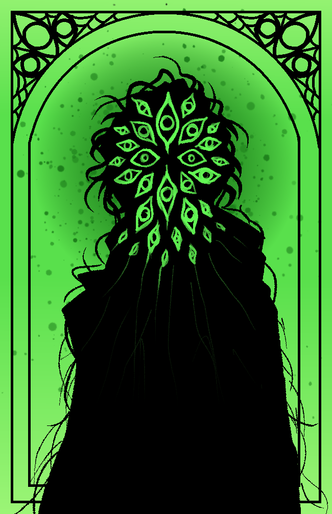 1boy, capesch-arts, design_speculation, extra_eyes, green_theme, horror_(theme), jonathan_sims, long_hair