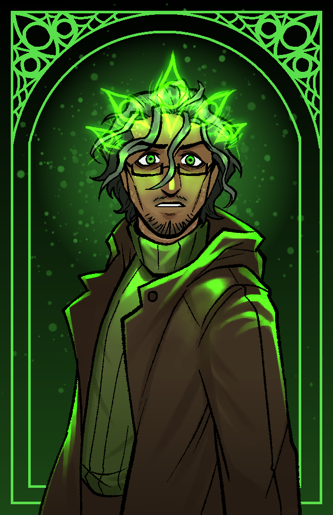 1boy, capesch-arts, dark_skin, design_speculation, facial_hair, glasses, green_eyes, grey_hair