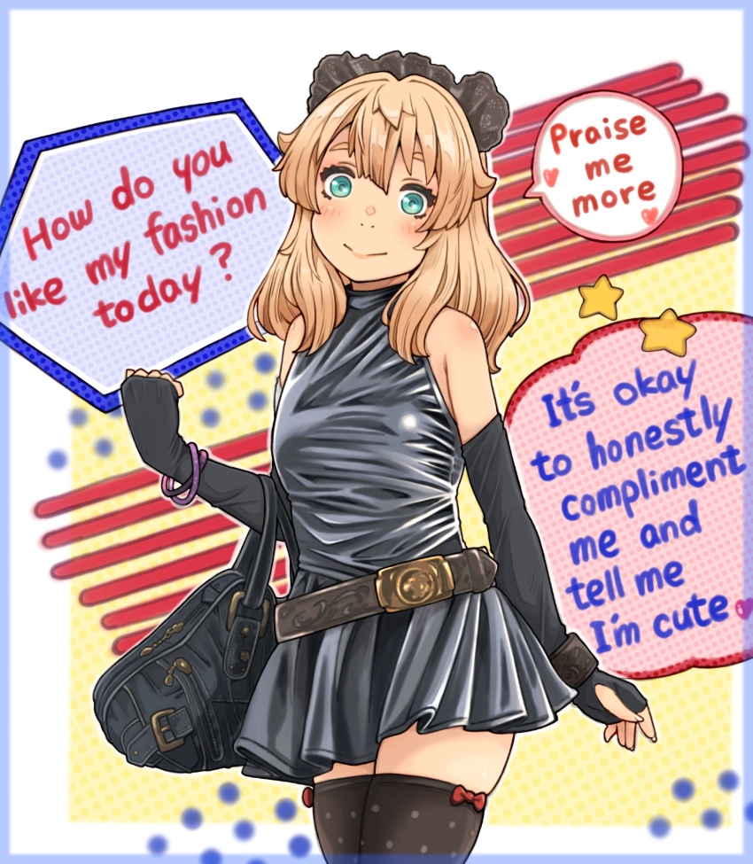 1boy, abstract_background, alternate_costume, bag, belt, black_bag, black_gloves, black_thighhighs, blonde_hair, blue_background, blue_border, blue_eyes, blush, border, bow, bow_legwear, bracelet, bridget_(guilty_gear), brown_belt, brown_headdress, brown_wrist_cuffs, closed_mouth, commentary, crossdressing, crossdressing_(mtf), double-parted_bangs, dress, elbow_gloves, english_commentary, english_text, fingerless_gloves, gloves, grey_dress, guilty_gear, heart, highres, jewelry, looking_at_viewer, male_focus, medium_hair, polka_dot, polka_dot_background, purple_background, red_background, red_bow, single_wrist_cuff, sleeveless, sleeveless_dress, smile, solo, speech_bubble, star_(symbol), sugajyun, thighhighs, trap, white_background, wrist_cuffs, yellow_background, zettai_ryouiki