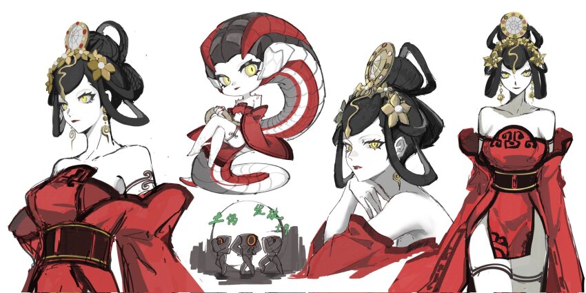 1girl, alternate_form, anxilotus, bare_shoulders, black_hair, chibi, chibi_inset, collarbone