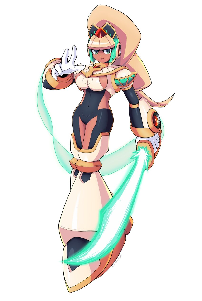 absurdres, ancient_egyptian_clothes, blonde_hair, breasts, dark-skinned_female, dark_skin, forehead_jewel, full_body, green_eyes, high_ponytail, highres, holding, holding_sword, holding_weapon, medium_breasts, mega_man_(series), mega_man_x_(series), original, ponytail, selkhia_(surrealmason), sideboob, simple_background, surrealmason, sword, weapon, white_background