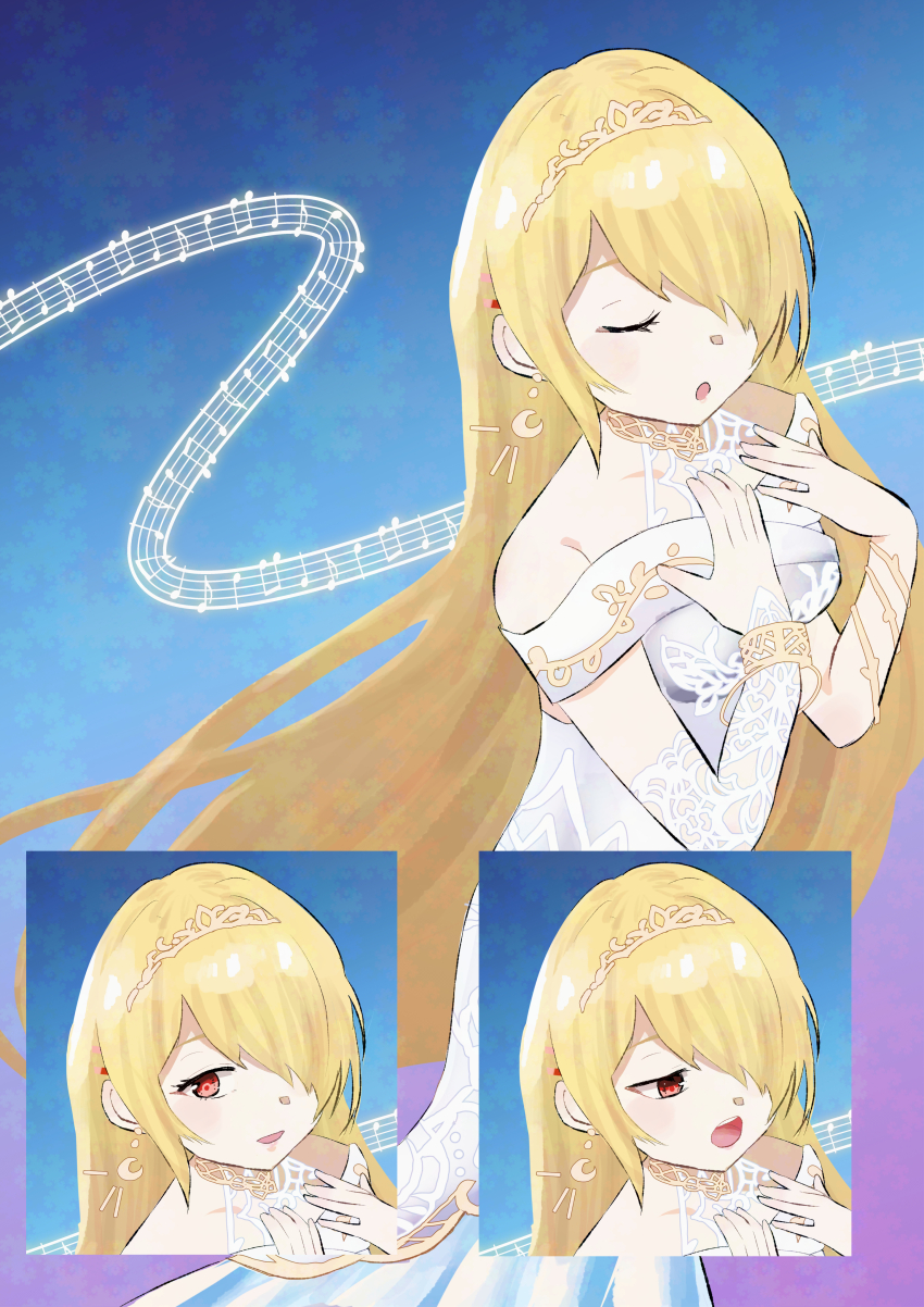 1girl, absurdres, commentary_request, crescent, crescent_earrings, dress, earrings, hair_ornament, hair_over_one_eye, hairpin, heaven_burns_red, highres, jewelry, kayamori_ruka, kayamori_ruka_(luminous_songstress), long_hair, midorinokomame_(pixiv_72004679), multiple_expressions, musical_note, red_eyes, tiara, white_dress