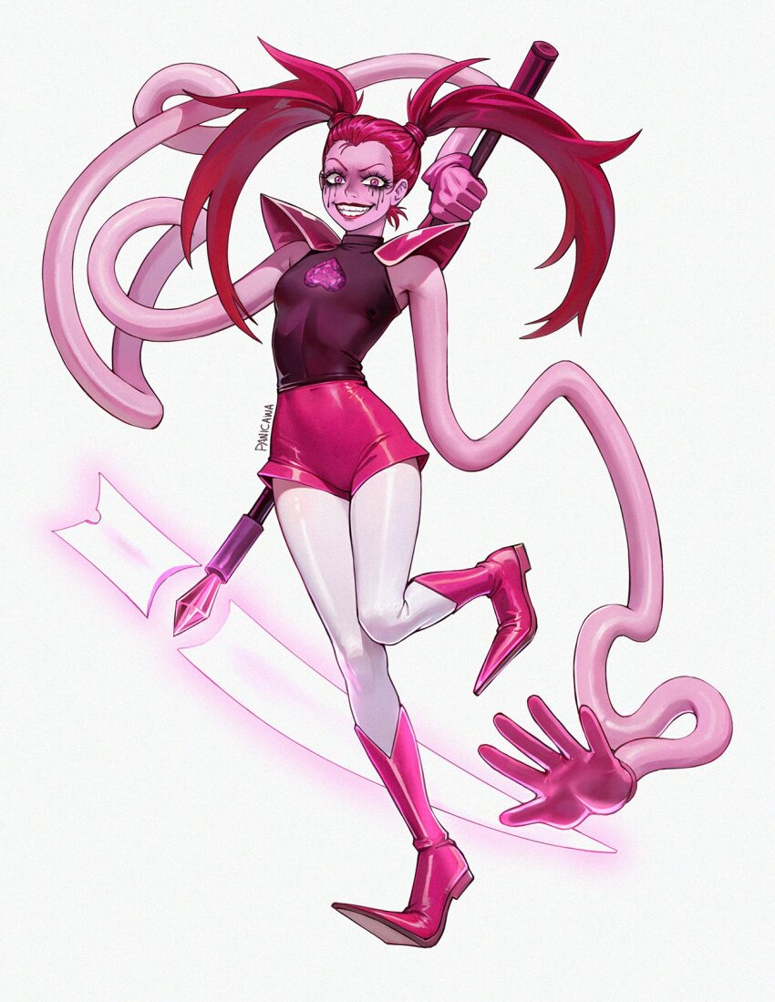1girl, adelheid_(moschiola), colored_skin, commentary, elasticity, english_commentary, extendable_limbs, gem, gem_(steven_universe), gem_rejuvenator, gloves, grin, heart-shaped_gem, highres, holding, lips, long_hair, makeup, pantyhose, pink_eyes, pink_gem, pink_gloves, pink_hair, pink_skin, runny_makeup, shoulder_pads_(fashion), smile, solo, spinel_(steven_universe), steven_universe, steven_universe:_the_movie, teeth, twintails