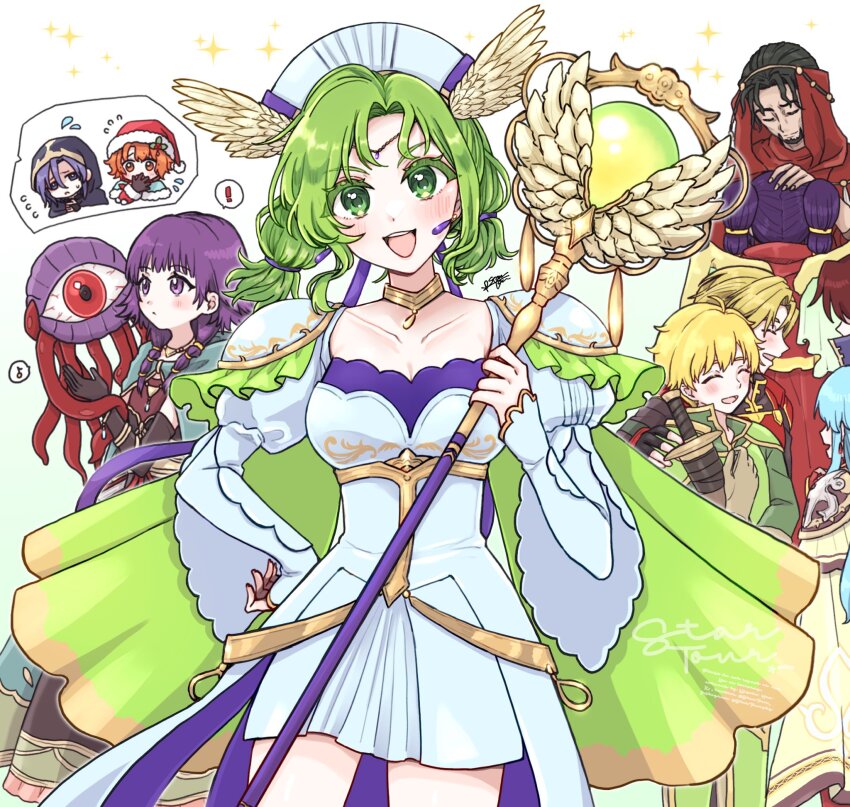 !, 4girls, 6+boys, :d, aqua_hair, armor, artur_(fire_emblem), artur_(silver_saint)_(fire_emblem)