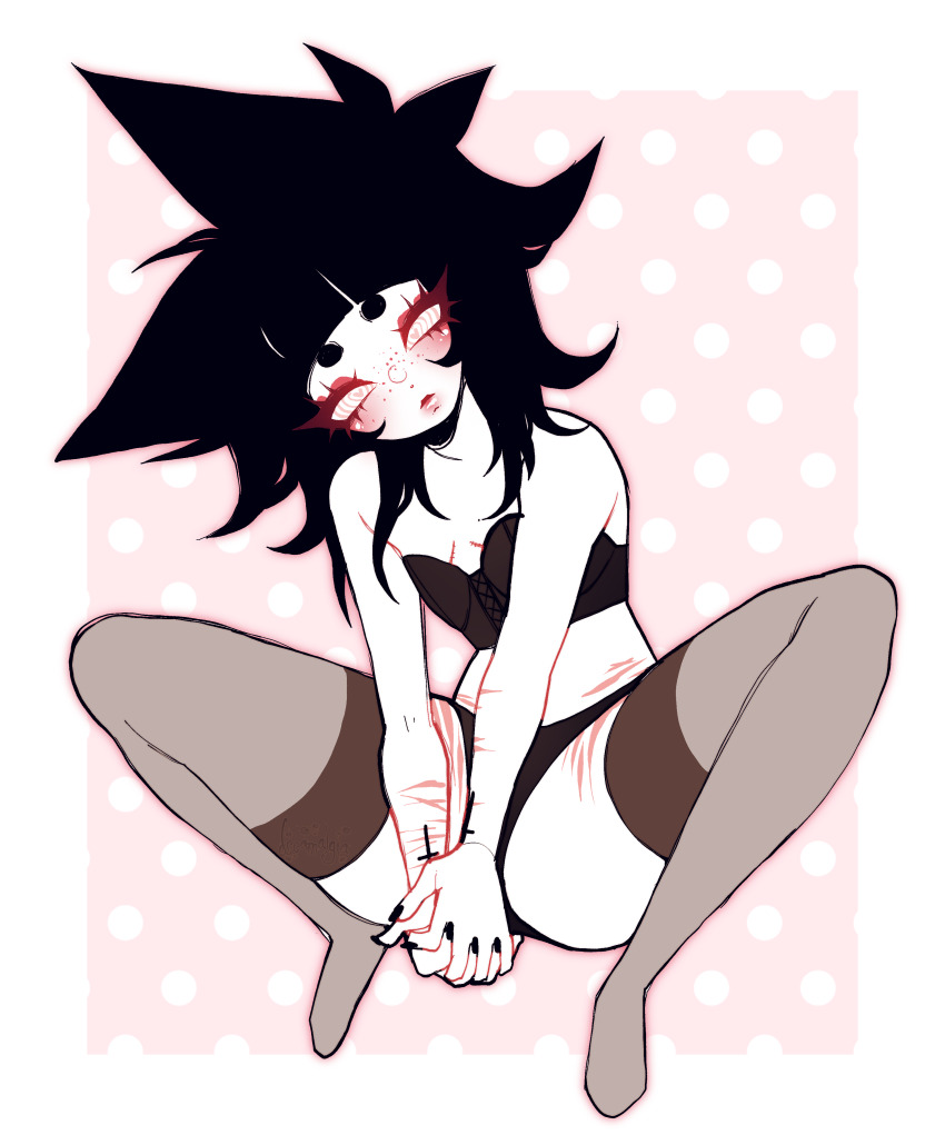 1other, absurdres, arm_tattoo, ash_kinoshita, black_hair, blunt_bangs, blush, bralette