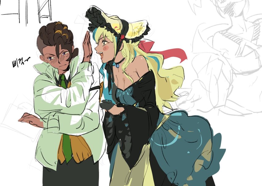 1boy, 1girl, :d, alternate_costume, alternate_hairstyle, black_choker, black_hair, black_pants