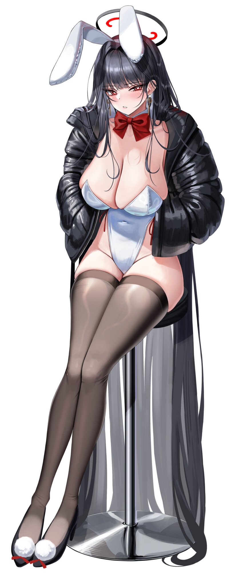 1girl, absurdly_long_hair, absurdres, alternate_costume, animal_ear_hairband, animal_ears, bar_stool, black_hair
