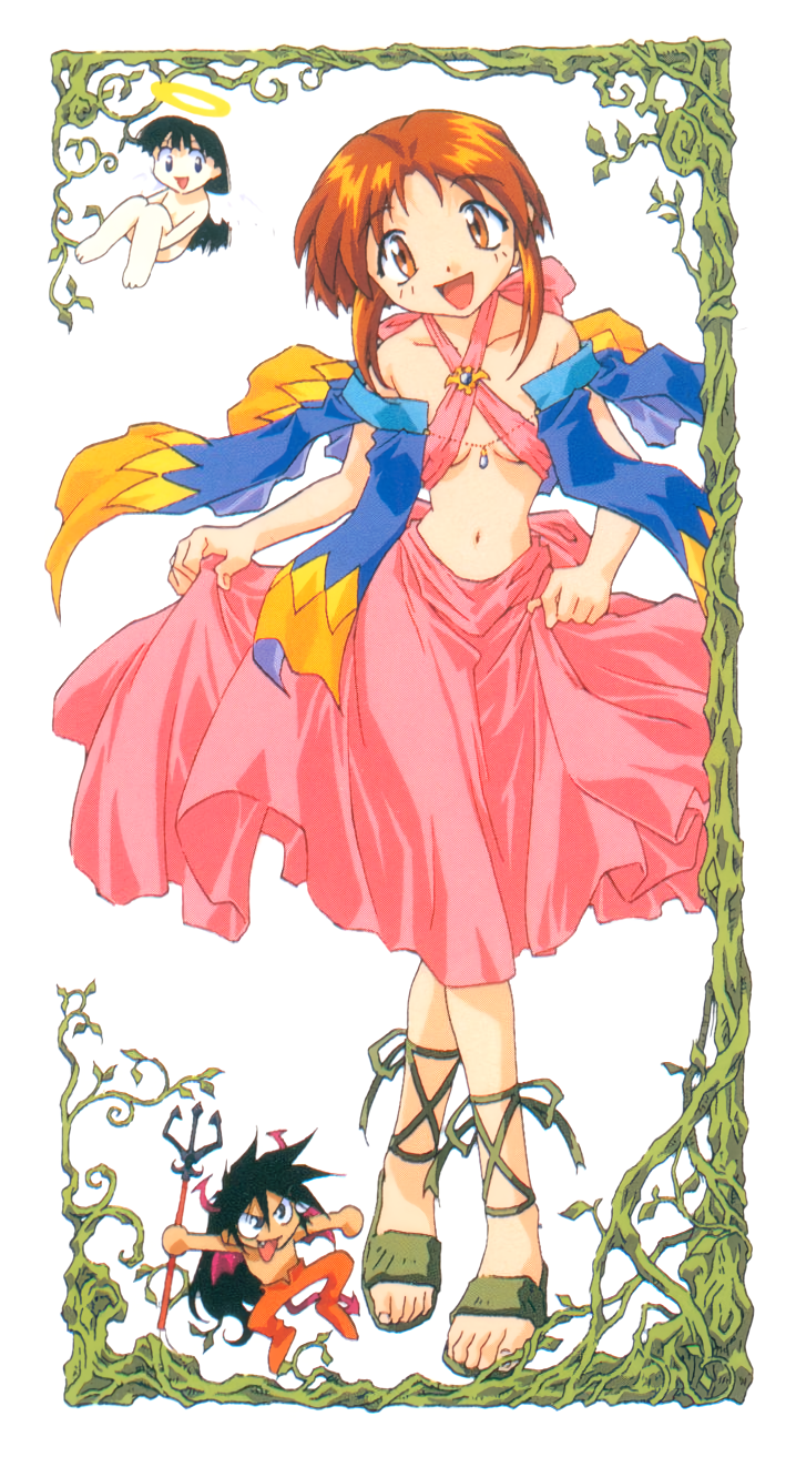 1990s_(style), 1boy, 2girls, angel, angel_and_devil, angel_wings, black_hair, brown_hair