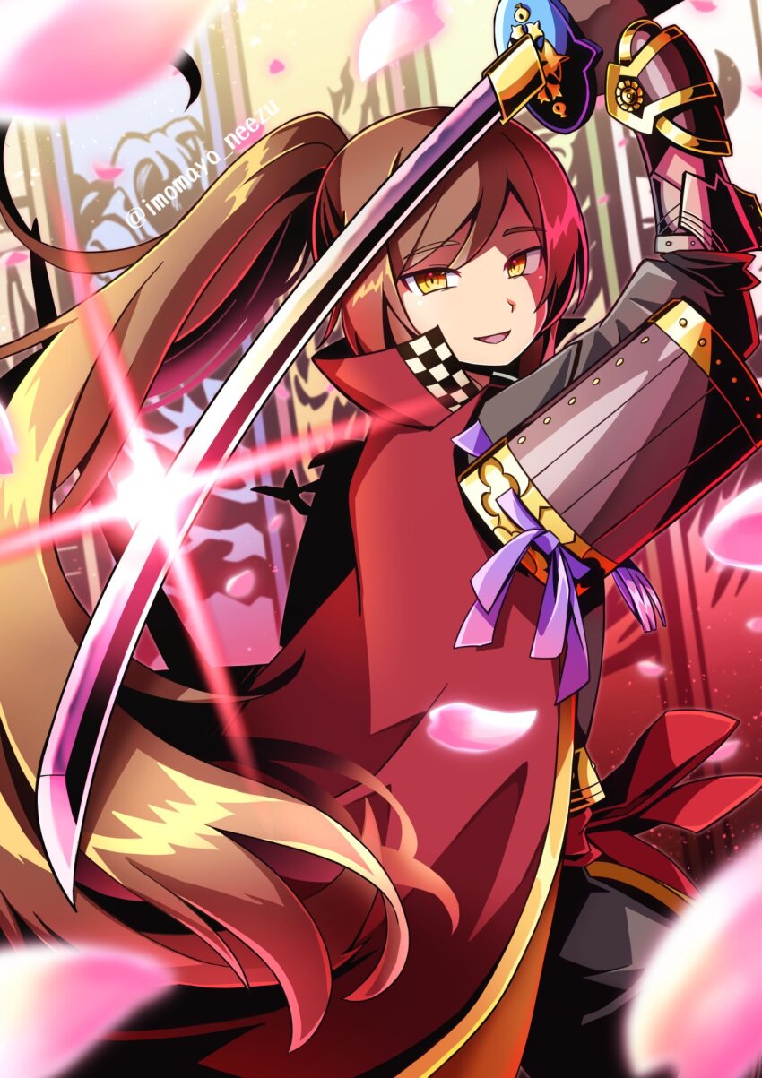 1boy, :d, armor, brown_hair, cherry_blossoms, commentary_request, cowboy_shot, etrian_odyssey