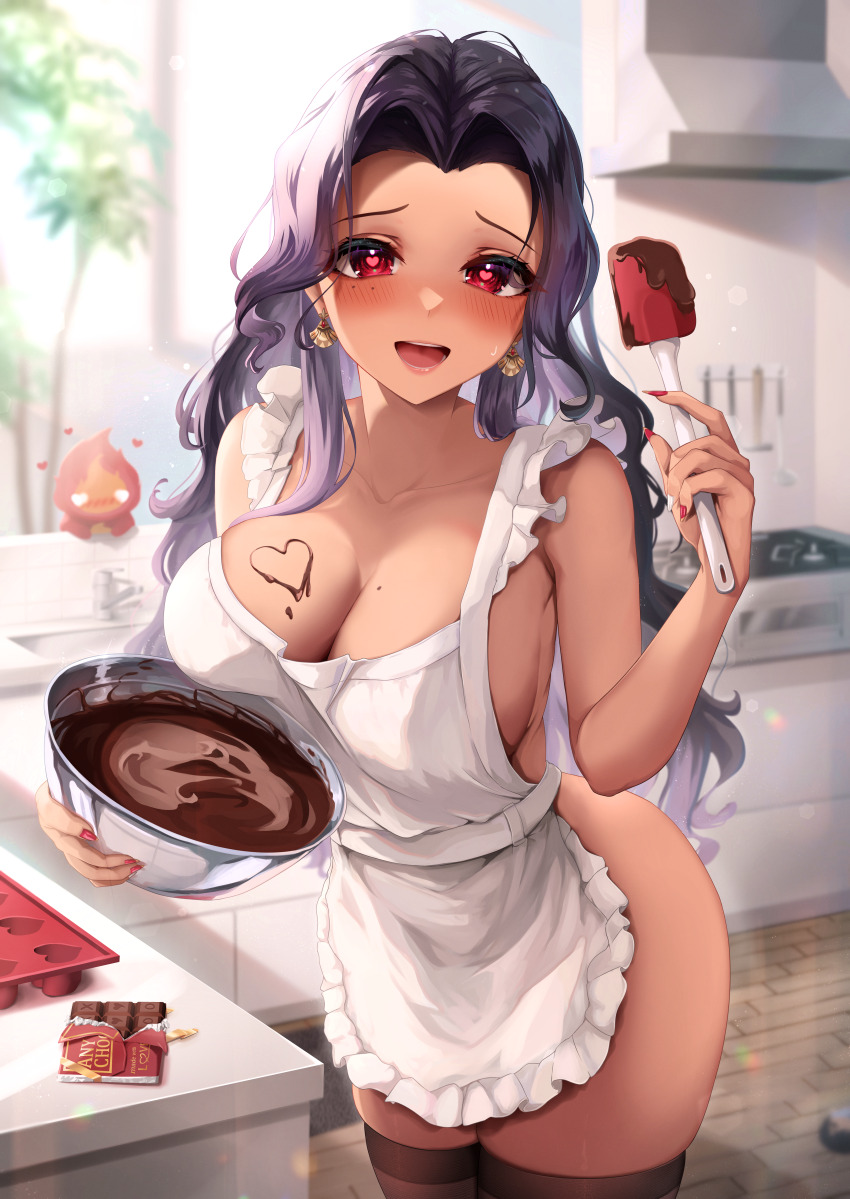 1girl, absurdres, apron, black_hair, blurry, blurry_background, bowl, breasts