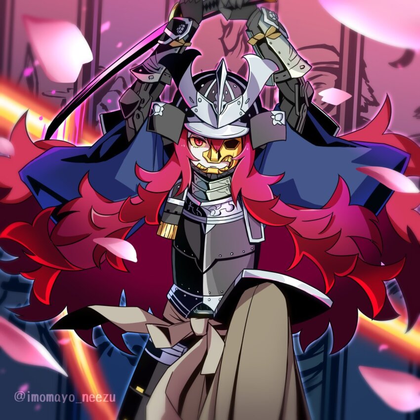 armor, colored_sclera, commentary_request, cowboy_shot, etrian_odyssey, half_mask, helmet, highres