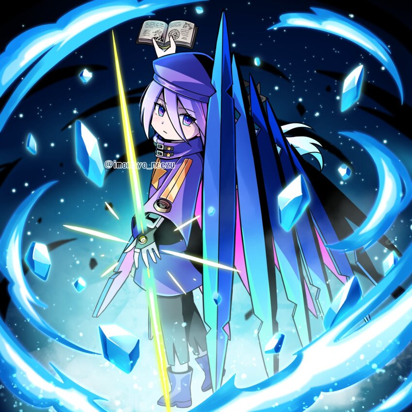 1girl, beret, black_gloves, black_pants, book, boots, bridal_gauntlets, coat, commentary_request, cryokinesis, etrian_odyssey, expressionless, from_side, full_body, gloves, glowing, hair_between_eyes, hat, highres, holding, holding_book, ice, imomayo_neezu, long_hair, magic, pants, purple_boots, purple_coat, purple_eyes, purple_hair, sekaiju_no_meikyuu, sekaiju_no_meikyuu_3, solo, standing, zodiac_(sekaiju), zodiac_2_(sekaiju)