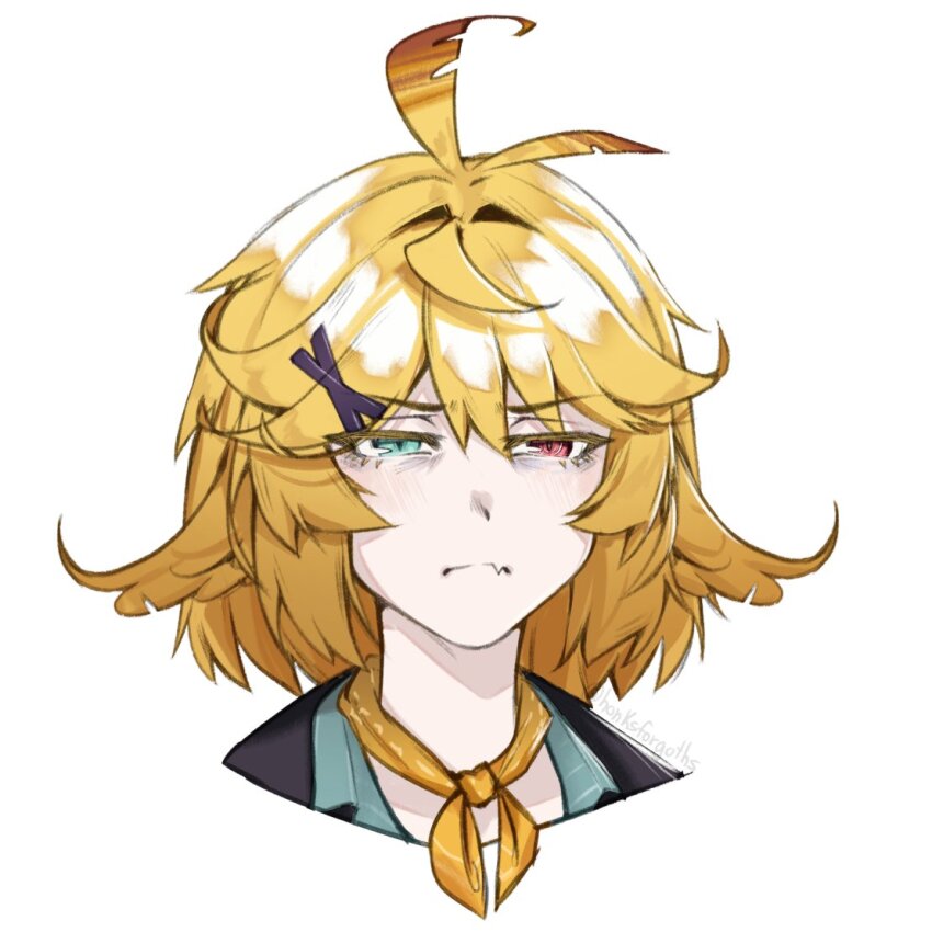 1girl, ahoge, aqua_eyes, aria_rin_(artist), blonde_hair, commentary, cropped_shoulders, dokibird