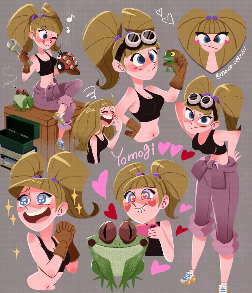 1girl, biting_own_lip, black_shirt, black_sports_bra, blue_eyes, blunt_bangs, blush, breasts