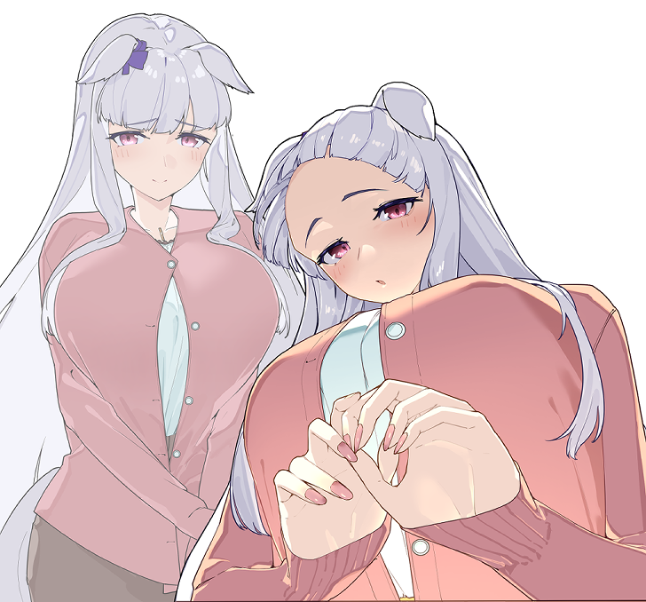 1girl, alternate_costume, animal_ears, cardigan, closed_mouth, commentary_request, gold_ship_(umamusume), grey_hair