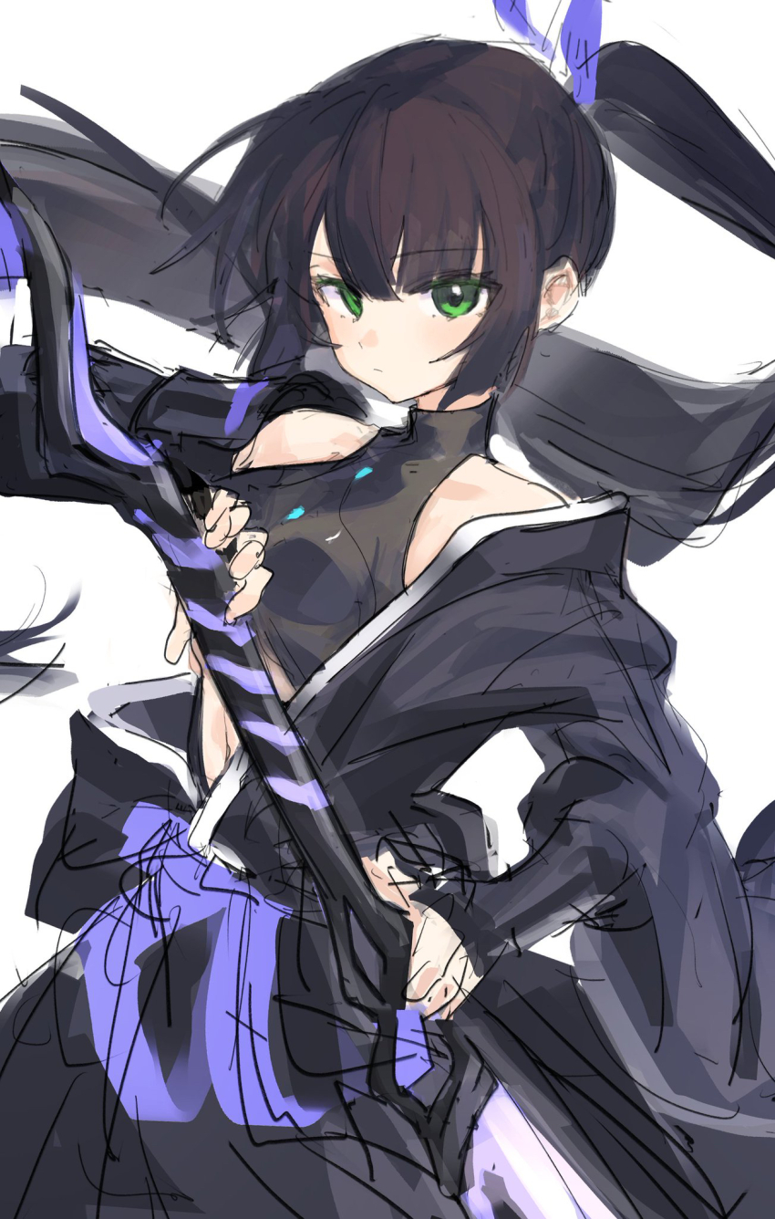 1girl, aoinegima, black_hair, commentary, green_eyes, heaven_burns_red, highres, holding