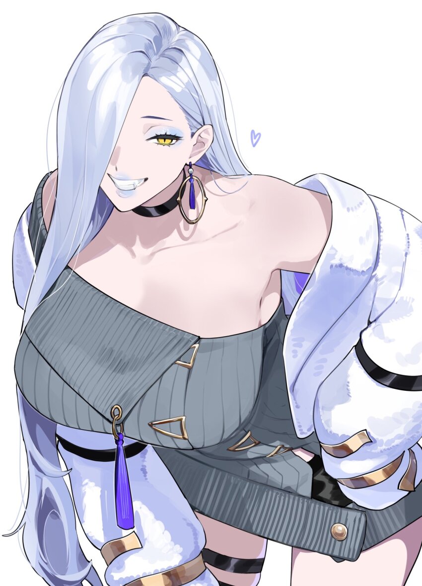 1girl, bare_shoulders, breasts, choker, collarbone, commentary_request, dress, earrings