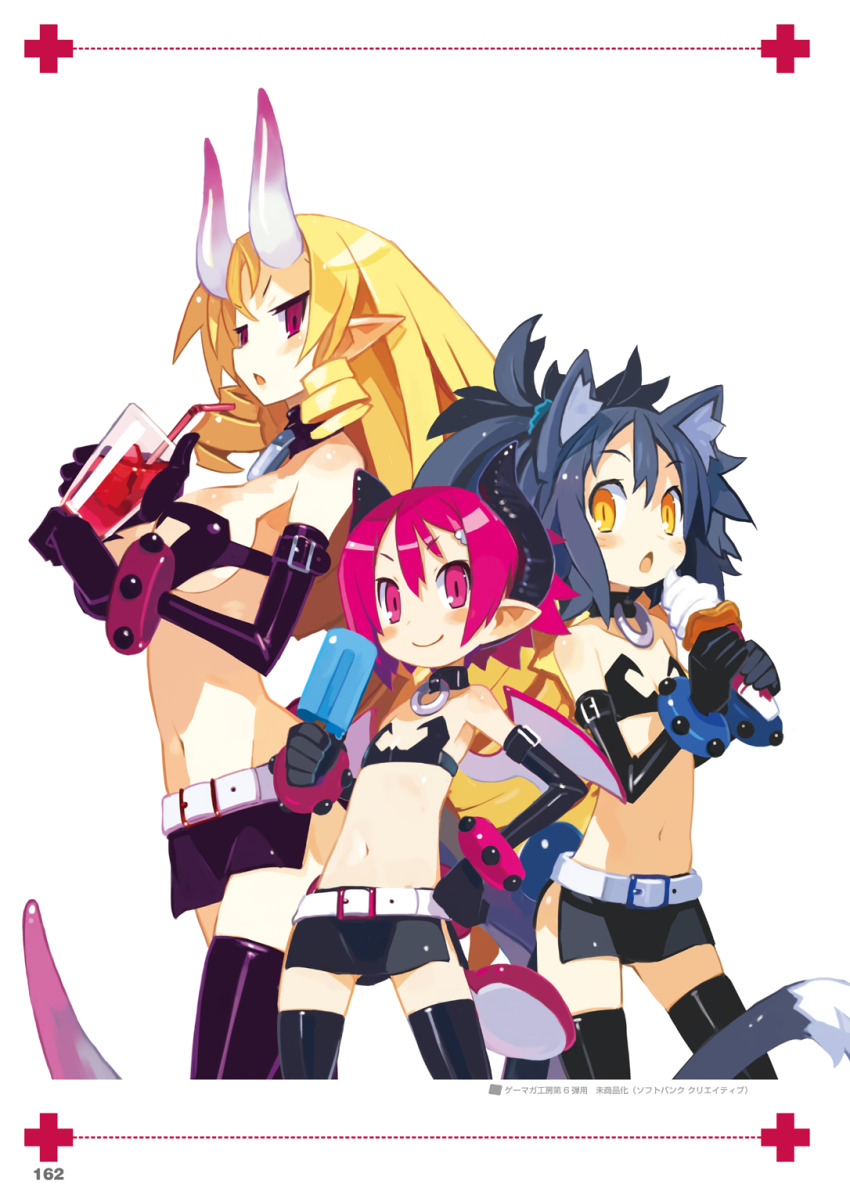 3girls, :o, animal_ears, belt, bendy_straw, black_hair, blonde_hair, blush