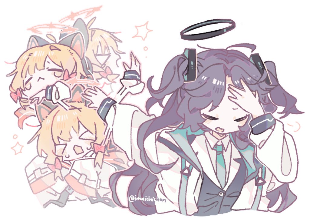 >_<, 2girls, :<, afterimage, animal_ear_headphones, animal_ears, black_halo, black_vest