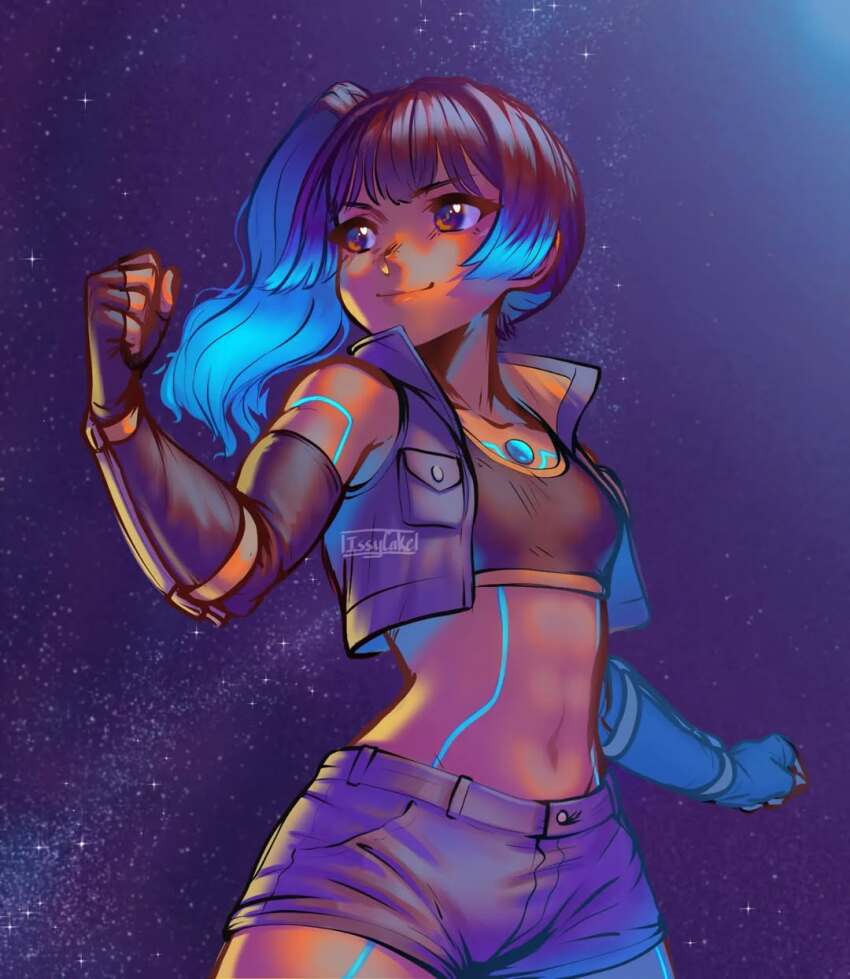 1girl, bare_shoulders, breasts, brown_eyes, crop_top, cropped_jacket, dark-skinned_female, dark_skin