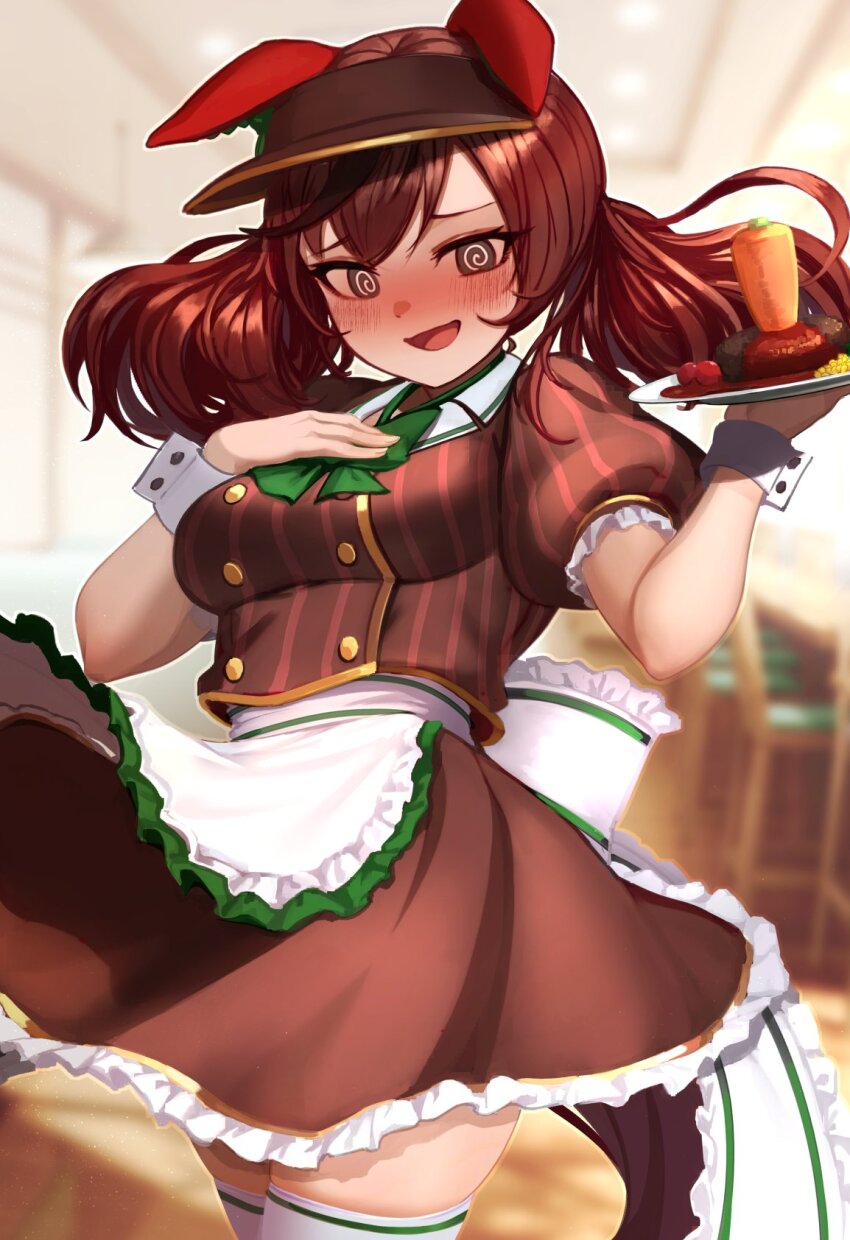 1girl, @_@, animal_ears, apron, blurry, blurry_background, blush, bow