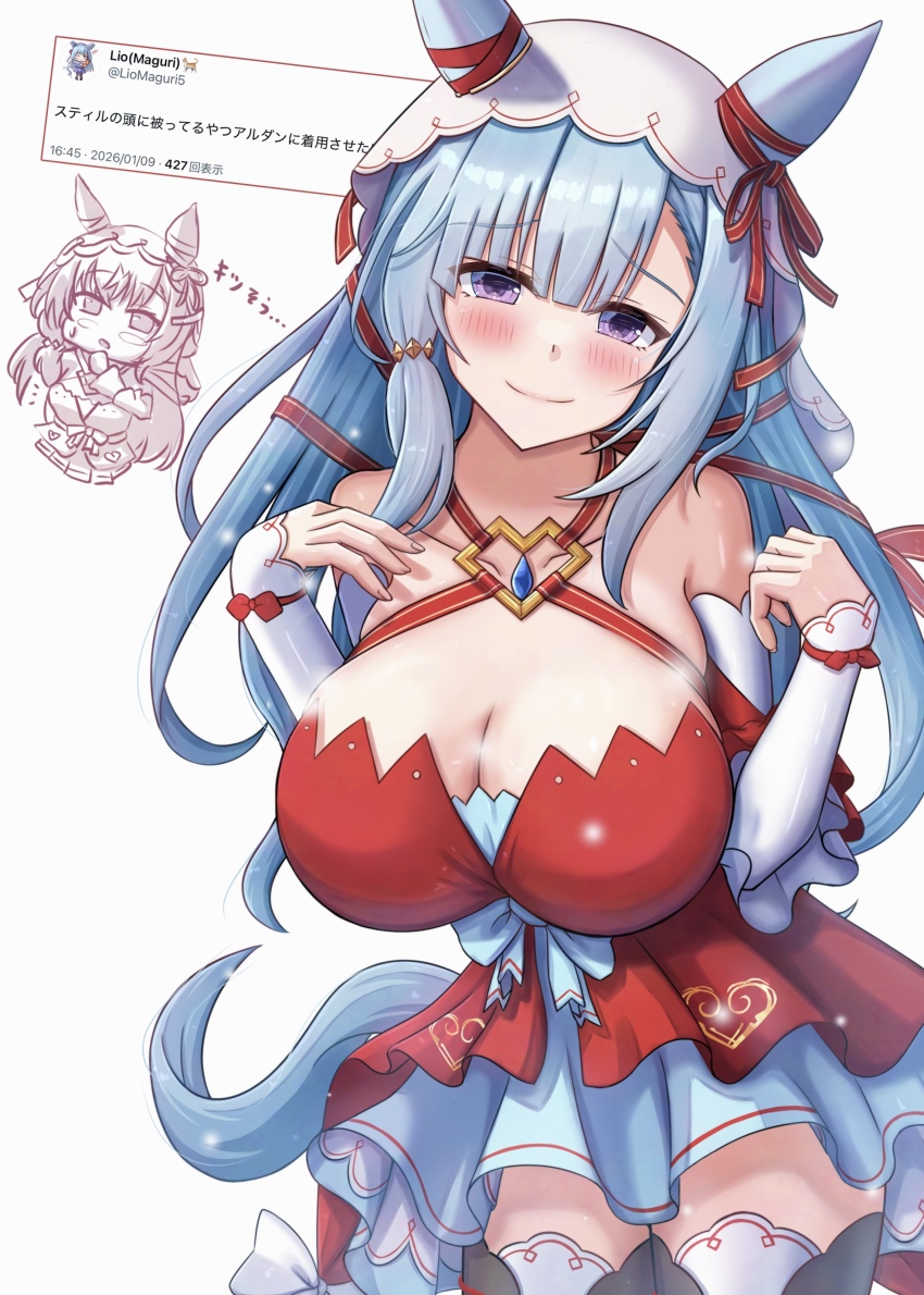 2girls, absurdres, animal_ears, arm_warmers, bare_shoulders, blue_hair, blush, breasts