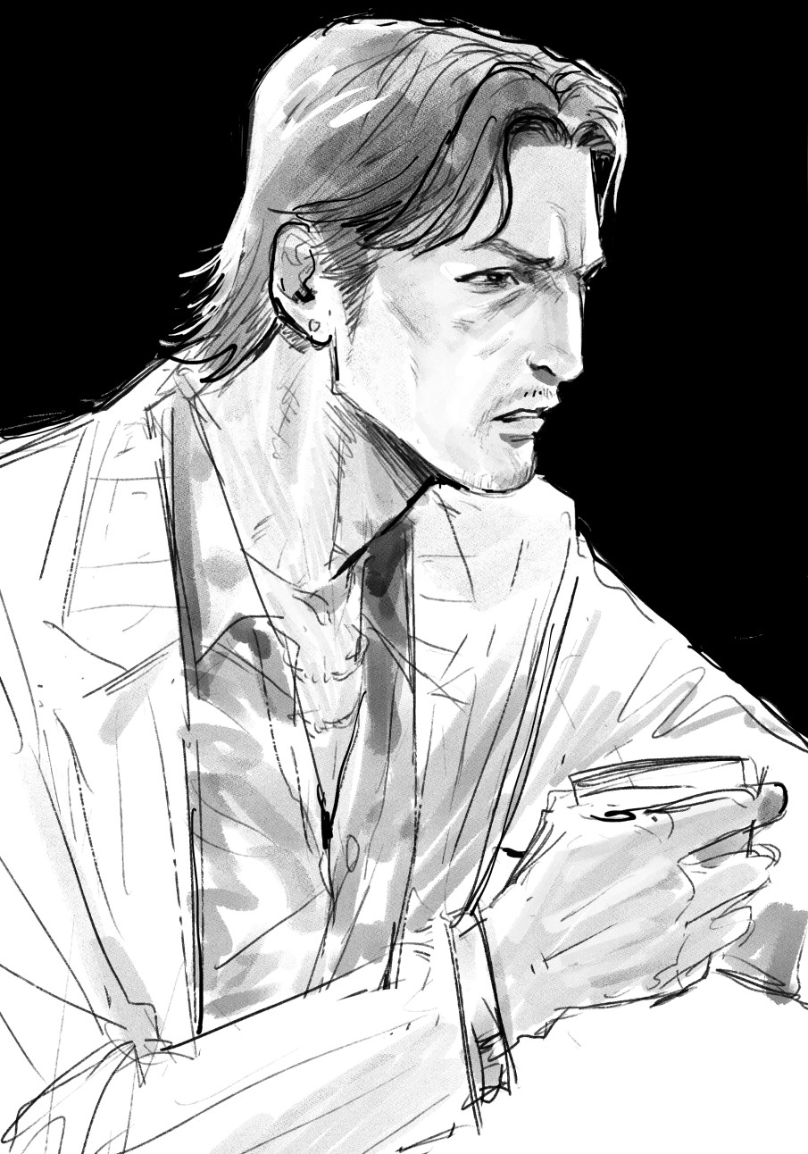 1boy, commentary_request, cup, facial_hair, greyscale, highres, holding, holding_cup