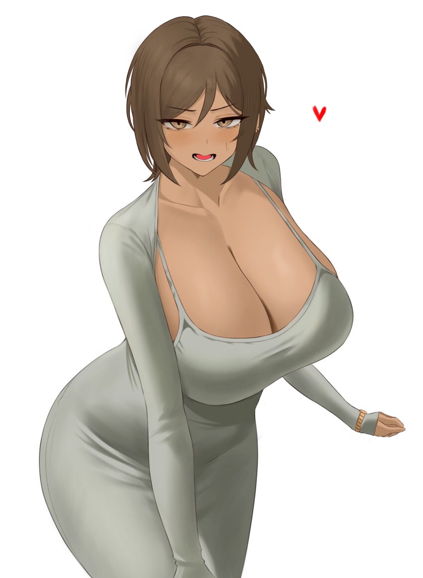 1girl, absurdres, blush, breasts, brown_eyes, brown_hair, cleavage, commentary_request